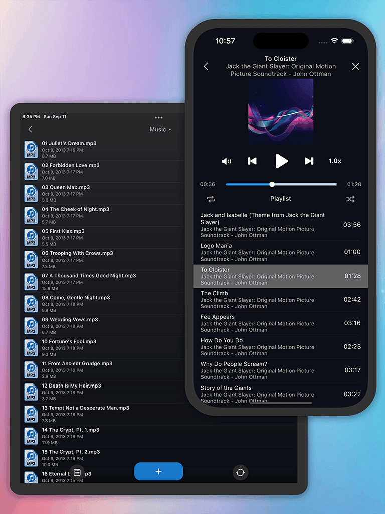Preview and music player screenshot for Phone Drive